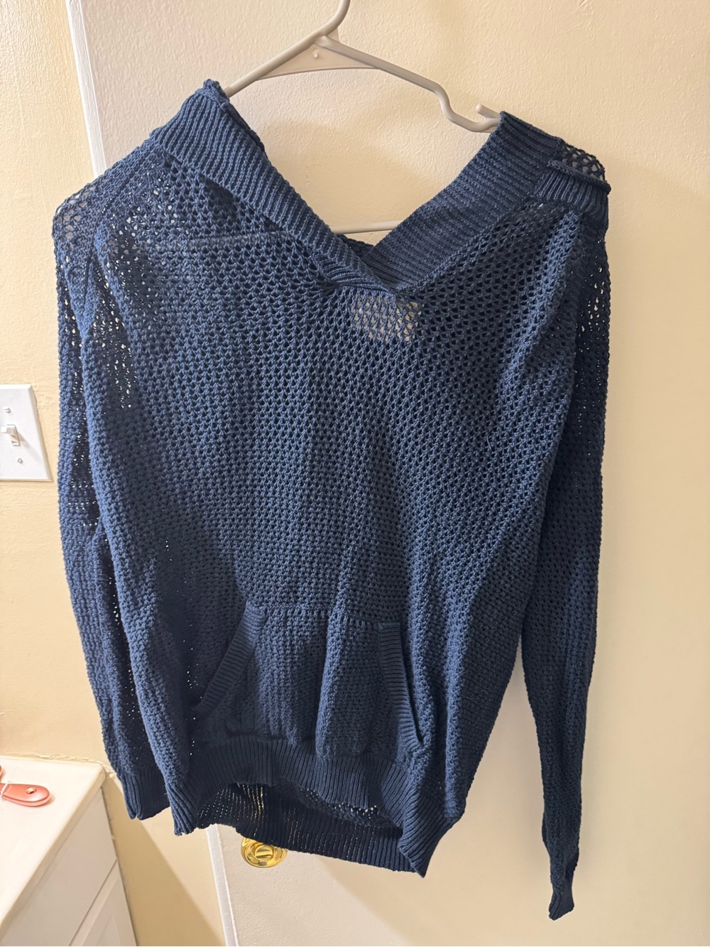Navy Open-Knit V-Neck Sweater Hoodie - Women